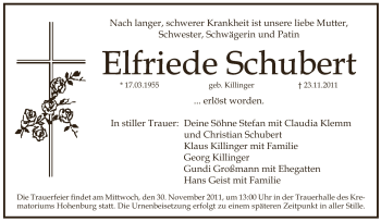 Traueranzeige von Elfriede Schubert von Pegnitz-Zeitung